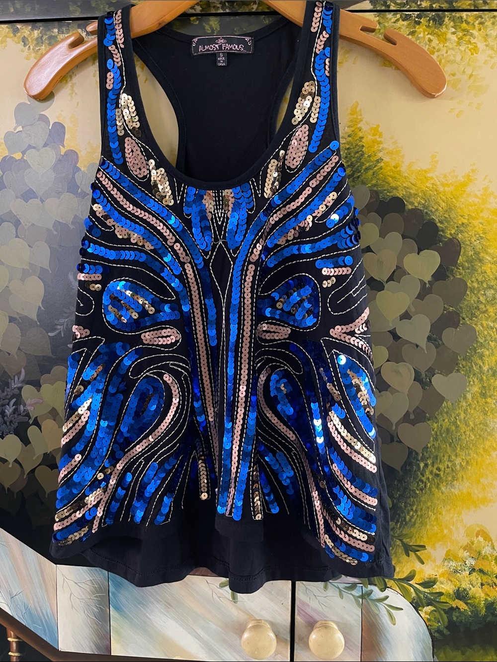 Almost Famous Black Tank Top with Blue and Gold Sequins